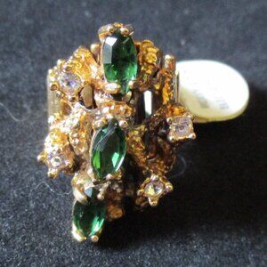 NWT HGE 18 KT Heavy Gold Electroplate Ring with Clear & Green Rhinestones Sz. 6